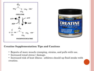 Creatine Supplementation: Tips and Cautions

   • Reports of more muscle cramping, strains, and pulls with use.
   • Increased renal stress / damage.
   • Increased risk of heat illness - athletes should up fluid intake with
   creatine.
 