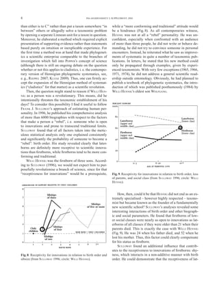 8                                                 PALAEODIVERSITY 3, SUPPLEMENT, 2010


than either is to C” rather than put a taxon somewhere “in           while a “more conforming and traditional” attitude would
between” others or allegedly solve a taxonomic problem               be a hindrance (Fig. 8). As all contemporaries witness,
by opening a separate Linnean unit for a taxon in question.          HENNIG was not at all a “rebel” personality. He was un-
Moreover, he elaborated a method which required explicit             conﬁdent, especially when confronted with an audience
presentation of supporting evidence rather than statements           of more than three people, he did not write or behave de-
based purely on intuition or inexplicable experience. For            manding, he did not try to convince someone in personal
the ﬁrst time a method was at hand that made phylogenet-             encounters. Instead, he reiterated what he saw as improve-
ics a scientiﬁc enterprise comparable to the branches of             ments of systematic in quite a number of taxonomic pub-
investigation which fall into POPPER’s concept of science            lications. In letters, he stated that his new method could
(although there is still an ongoing debate on the question           only be propagated through examples, given by experi-
whether or not this applies to cladistics, i. e. the contempo-       enced taxonomists. With very few exceptions (1965, 1966,
rary version of Hennigian phylogenetic systematics, see,             1971, 1974), he did not address a general scientiﬁc read-
e. g., R IEPPEL 2007; K LUGE 2009). Thus, one can ﬁrmly ac-          ership outside entomology. Obviously, he had planned to
cept the expansion of the Hennigian method of systemat-              publish a textbook of phylogenetic systematics, the intro-
ics (“cladistics” for that matter) as a scientiﬁc revolution.        duction of which was published posthumously (1984) by
    Then, the question might stand to reason if WILLI HEN-           WILLI HENNIG’s eldest son WOLFGANG.
NIG as a person was a revolutionary. This means, did he
intentionally threaten the taxonomic establishment of his
days? To consider this possibility I ﬁnd it useful to follow
FRANK J. SULLOWAY’s approach of estimating human per-
sonality. In 1996, he published his comprehensive analysis
of more than 6000 biographies with respect to the factors
that make a person a “rebel”, i. e. someone who is open
to innovations and prone to transcend traditional limits.
SULLOWAY found that of all factors taken into the metic-
ulous statistical analysis only one explained consistently
and signiﬁcantly the probability of someone to become a
“rebel”: birth order. His study revealed clearly that later-
borns are deﬁnitely more receptive to scientiﬁc innova-
tions than ﬁrstborns, while ﬁrstborns tend to be more con-
forming and traditional.
    WILLI HENNIG was the ﬁrstborn of three sons. Accord-
ing to SULLOWAY (1996), we would not expect him to pur-
posefully revolutionise a branch of science, since for that
“receptiveness for innovations” would be a prerequisite,             Fig. 9. Receptivity for innovations in relation to birth order, loss
                                                                     of parents, and social class (from SULLOWAY 1996; circle: WILLI
                                                                     HENNIG).


                                                                         How, then, could it be that HENNIG did not end as an ex-
                                                                     tremely specialised – however highly respected – taxono-
                                                                     mist but became known as the founder of a fundamentally
                                                                     new scientiﬁc school? SULLOWAY’s analyses revealed some
                                                                     interesting interactions of birth order and other biograph-
                                                                     ic and social parameters. He found that ﬁrstborns of low-
                                                                     er social classes were nearly as open to innovations as lat-
                                                                     erborns of all classes if they were older than 21 when their
                                                                     parents died. This is exactly the case with WILLI HENNIG
                                                                     (Fig. 9). He was 24 when his father died, and 52 when he
                                                                     lost his mother. Thus, this factor could clearly compensate
                                                                     for his status as ﬁrstborn.
                                                                         SULLOWAY found an additional inﬂuence that contrib-
                                                                     utes to the receptiveness to innovations of ﬁrstborns: shy-
Fig. 8. Receptivity for innovations in relation to birth order and   ness, which interacts in a non-additive manner with birth
sibsize (from SULLOWAY 1996; circle: WILLI HENNIG).                  order. He could demonstrate that the receptiveness of lat-
 