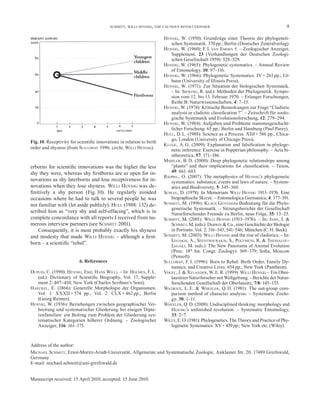 SCHMITT, WILLI HENNIG, THE CAUTIOUS REVOLUTIONISER                                            9

                                                                      HENNIG, W. (1950): Grundzüge einer Theorie der phylogeneti-
                                                                          schen Systematik. 370 pp.; Berlin (Deutscher Zentralverlag).
                                                                      HENNIG, W. (1960): F. I. VAN EMDEN †. – Zoologischer Anzeiger,
                                                                          Supplement, 23 (Verhandlungen der Deutschen Zoologi-
                                                                          schen Gesellschaft 1959): 528–529.
                                                                      HENNIG, W. (1965): Phylogenetic systematics. – Annual Review
                                                                          of Entomology, 10: 97–116.
                                                                      HENNIG, W. (1966): Phylogenetic Systematics. IV + 263 pp.; Ur-
                                                                          bana (University of Illinois Press).
                                                                      HENNIG, W. (1971): Zur Situation der biologischen Systematik.
                                                                          – In: SIEWING, R. (ed.): Methoden der Phylogenetik. Sympo-
                                                                          sion vom 12. bis 13. Februar 1970. – Erlanger Forschungen,
                                                                          Reihe B: Naturwissenschaften, 4: 7–15.
                                                                      HENNIG, W. (1974): Kritische Bemerkungen zur Frage “Cladistic
                                                                          analysis or cladistic classiﬁcation ?”. – Zeitschrift für zoolo-
                                                                          gische Systematik und Evolutionsforschung, 12: 279–294.
                                                                      HENNIG, W. (1984): Aufgaben und Probleme stammesgeschicht-
                                                                          licher Forschung. 65 pp.; Berlin und Hamburg (Paul Parey).
                                                                      HULL, D. L. (1988): Science as a Process. XIII + 586 pp.; Chica-
                                                                          go, London (University of Chicago Press).
Fig. 10. Receptivity for scientiﬁc innovations in relation to birth
                                                                      K LUGE, A. G. (2009): Explanation and falsiﬁcation in phyloge-
order and shyness (from SULLOWAY 1996; circle: WILLI HENNIG).             netic inference: Exercise in Popperian philosophy. – Acta bi-
                                                                          otheoretica, 57: 171–186.
                                                                      MISHLER, B. D. (2000): Deep phylogenetic relationships among
erborns for scientiﬁc innovations was the higher the less                 “plants” and their implications for classiﬁcation. – Taxon,
shy they were, whereas shy ﬁrstborns are as open for in-                  49: 661–683.
                                                                      R IEPPEL, O. (2007): The metaphysics of HENNIG’s phylogenetic
novations as shy laterborns and lose receptiveness for in-                systematics: substance, events and laws of nature. – System-
novations when they lose shyness. WILLI HENNIG was de-                    atics and Biodiversity, 5: 345–360.
ﬁnitively a shy person (Fig. 10). He regularly avoided                SCHLEE, D. (1978): In Memoriam WILLI HENNIG 1913–1976. Eine
occasions where he had to talk to several people he was                   biographische Skizze. – Entomologica Germanica, 4: 377–391.
not familiar with (let aside publicly). HULL (1988: 132) de-          SCHMITT, M. (1996): K LAUS GÜNTHERs Bedeutung für die Phylo-
                                                                          genetische Systematik. – Sitzungsberichte der Gesellschaft
scribed him as “very shy and self-effacing”, which is in                  Naturforschender Freunde zu Berlin, neue Folge, 35: 13–25.
complete concordance with all reports I received from nu-             SCHMITT, M. (2001): WILLI HENNIG (1913–1976). – In: JAHN, I. &
merous interview partners (see SCHMITT 2001).                             SCHMITT, M. (eds.): DARWIN & Co., eine Geschichte der Biologie
    Consequently, it is most probably exactly his shyness                 in Portraits. Vol. 2: 316–343, 541–546; München (C. H. Beck).
and modesty that made WILLI HENNIG – although a ﬁrst-                 SCHMITT, M. (2003): WILLI HENNIG and the rise of cladistics. – In:
                                                                          LEGAKIS, A., SFENTHOURAKIS, S., POLYMENI, R. & THESSALOU-
born – a scientiﬁc “rebel”.                                               LEGAKI, M. (eds.): The New Panorama of Animal Evolution
                                                                          (Proc. 18th Int. Congr. Zoology): 369–379; Soﬁa, Moscow
                                                                          (Pensoft).
                          6. References                               SULLOWAY, F. J. (1996): Born to Rebel: Birth Order, Family Dy-
                                                                          namics, and Creative Lives. 654 pp.; New York (Pantheon).
DUPUIS, C. (1990): HENNIG, EMIL HANS WILLI. – In: HOLMES, F. L.       VOGEL, J. & XYLANDER, W. E. R. (1999): WILLI HENNIG – Ein Ober-
   (ed.): Dictionary of Scientiﬁc Biography, Vol. 17, Supple-             lausitzer Naturforscher mit Weltgeltung. – Berichte der Natur-
   ment 2: 407–410; New York (Charles Scribner’s Sons).                   forschenden Gesellschaft der Oberlausitz, 7/8: 145–155.
HAECKEL, E. (1866): Generelle Morphologie der Organismen.             WATROUS, L. E. & WHEELER, Q. D. (1981): The out-group com-
   Vol. 1: XXXII + 574 pp., Vol. 2: CLX + 462 pp.; Berlin                 parison method of character analysis. – Systematic Zoolo-
   (Georg Reimer).                                                        gy, 30: 1–11.
HENNIG, W. (1936): Beziehungen zwischen geographischer Ver-           WHEELER, Q. D. (2008): Undisciplined thinking: morphology and
   breitung und systematischer Gliederung bei einigen Dipte-              HENNIG’s unﬁnished revolution. – Systematic Entomology,
   renfamilien: ein Beitrag zum Problem der Gliederung sys-               33: 2–7.
   tematischer Kategorien höherer Ordnung. – Zoologischer             WILEY, E. O. (1981): Phylogenetics. The Theory and Practice of Phy-
   Anzeiger, 116: 161–175.                                                logenetic Systematics. XV + 439 pp.; New York etc. (Wiley).



Address of the author:
MICHAEL SCHMITT, Ernst-Moritz-Arndt-Universität, Allgemeine und Systematische Zoologie, Anklamer Str. 20, 17489 Greifswald,
Germany
E-mail: michael.schmitt@uni-greifswald.de


Manuscript received: 15 April 2010, accepted: 15 June 2010.
 