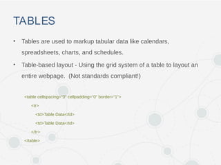 TABLES
• Tables are used to markup tabular data like calendars,
spreadsheets, charts, and schedules.
• Table-based layout - Using the grid system of a table to layout an
entire webpage. (Not standards compliant!)
<table cellspacing=“0” cellpadding=“0” border=“1”>
<tr>
<td>Table Data</td>
<td>Table Data</td>
</tr>
</table>
 