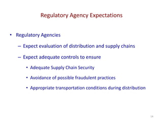 Regulatory Agency Expectations
14
• Regulatory Agencies
– Expect evaluation of distribution and supply chains
– Expect adequate controls to ensure
• Adequate Supply Chain Security
• Avoidance of possible fraudulent practices
• Appropriate transportation conditions during distribution
 