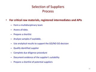 Selection of Suppliers
Process
30
• For critical raw materials, registered intermediates and APIs
– Form a multidisciplinary team
– Assess all data.
– Prepare a shortlist
– Analyze samples if available.
– Use analytical results to support the GO/NO GO decision
– Qualify identified supplier
– Complete due diligence procedure
– Document evidence of the supplier's suitability
– Prepare a shortlist of potential suppliers
 