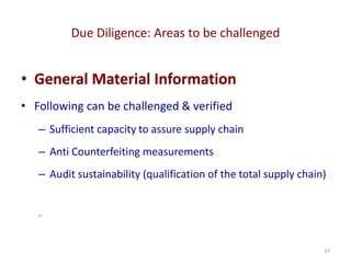 Due Diligence: Areas to be challenged
37
• General Material Information
• Following can be challenged & verified
– Sufficient capacity to assure supply chain
– Anti Counterfeiting measurements
– Audit sustainability (qualification of the total supply chain)
–
 