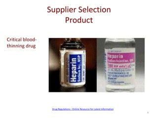 Supplier Selection
Product
4
Drug Regulations : Online Resource for Latest Information
Critical blood-
thinning drug
 
