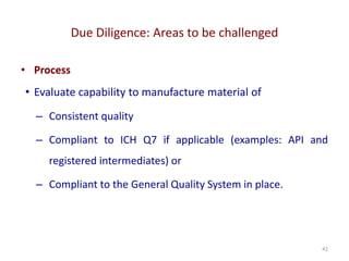 Due Diligence: Areas to be challenged
42
• Process
• Evaluate capability to manufacture material of
– Consistent quality
– Compliant to ICH Q7 if applicable (examples: API and
registered intermediates) or
– Compliant to the General Quality System in place.
 