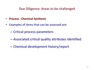 Due Diligence: Areas to be challenged
43
• Process : Chemical Synthesis
• Examples of items that can be assessed are:
– Critical process parameters
– Associated critical quality attributes identified
– Chemical development history/report
 