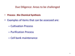 Due Diligence: Areas to be challenged
44
• Process : Bio Chemical Synthesis
• Examples of items that can be assessed are:
– Cultivation Process
– Purification Process
– Cell bank maintenance
 