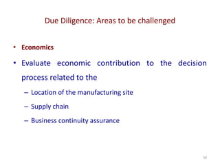 Due Diligence: Areas to be challenged
50
• Economics
• Evaluate economic contribution to the decision
process related to the
– Location of the manufacturing site
– Supply chain
– Business continuity assurance
 