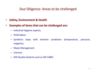 Due Diligence: Areas to be challenged
53
• Safety, Environment & Health
• Examples of items that can be challenged are:
– Industrial Hygiene aspects,
– Child labour
– Synthesis steps with extreme conditions (temperature, pressure,
reagents),
– Waste Management
– Licences
– SHE Quality Systems such as ISO 14001
 