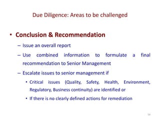 Due Diligence: Areas to be challenged
54
• Conclusion & Recommendation
– Issue an overall report
– Use combined information to formulate a final
recommendation to Senior Management
– Escalate issues to senior management if
• Critical issues (Quality, Safety, Health, Environment,
Regulatory, Business continuity) are identified or
• If there is no clearly defined actions for remediation
 