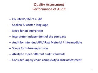 Quality Assessment
Performance of Audit
72
– Country/State of audit
– Spoken & written language
– Need for an interpreter
– Interpreter independent of the company
– Audit for intended API / Raw Material / Intermediate
– Scope for future expansion
– Ability to meet different audit standards
– Consider Supply chain complexity & Risk assessment
 