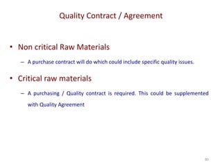 Quality Contract / Agreement
80
• Non critical Raw Materials
– A purchase contract will do which could include specific quality issues.
• Critical raw materials
– A purchasing / Quality contract is required. This could be supplemented
with Quality Agreement
 