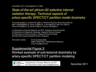 State-of-the-art yttrium-90 selective internal  radiation therapy: Technical aspects of  artery-specific SPECT/CT partition model dosimetry Yung Hsiang  KAO  (1), Andrew EH  TAN  (1), Richard HG  LO  (2),  Kiang Hiong  TAY  (2),  Mark C  BURGMANS  (2), Farah G  IRANI  (2),  Li Ser  KHOO  (2), Bien Soo  TAN  (2), Pierce KH  CHOW  (3, 4), David CE  NG  (1), Anthony SW  GOH  (1) (1) Department of Nuclear Medicine and PET, Singapore General Hospital (2) Department of Diagnostic Radiology, Singapore General Hospital (3) Department of General Surgery, Singapore General Hospital (4) Duke-NUS Graduate Medical School, Singapore First author contact:  Dr Yung Hsiang  KAO MBBS, MRCP(UK), FAMS(Nuclear Medicine) [email_address] Supplemental Figure 3 :  Worked example of sub-lesional dosimetry by artery-specific SPECT/CT partition modeling © Department of Nuclear Medicine and PET Dr Yung H Kao, Email: yung.h.kao@gmail.com November 2011 J Nucl Med. 2011; 52 (Supplement 1):1084 
