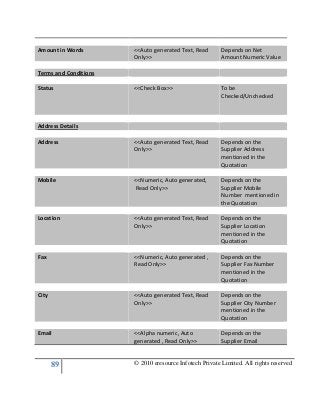 89 © 2010 eresource Infotech Private Limited. All rights reserved
Amount in Words <<Auto generated Text, Read
Only>>
Depends on Net
Amount Numeric Value
Terms and Conditions
Status <<Check Box>> To be
Checked/Unchecked
Address Details
Address <<Auto generated Text, Read
Only>>
Depends on the
Supplier Address
mentioned in the
Quotation
Mobile <<Numeric, Auto generated,
Read Only>>
Depends on the
Supplier Mobile
Number mentioned in
the Quotation
Location <<Auto generated Text, Read
Only>>
Depends on the
Supplier Location
mentioned in the
Quotation
Fax <<Numeric, Auto generated ,
Read Only>>
Depends on the
Supplier Fax Number
mentioned in the
Quotation
City <<Auto generated Text, Read
Only>>
Depends on the
Supplier City Number
mentioned in the
Quotation
Email <<Alpha numeric, Auto
generated , Read Only>>
Depends on the
Supplier Email
 