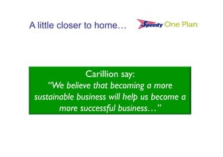 A little closer to home…




               Carillion say:
     “We believe that becoming a more
 sustainable business will help us become a
        more successful business…”	
  
 