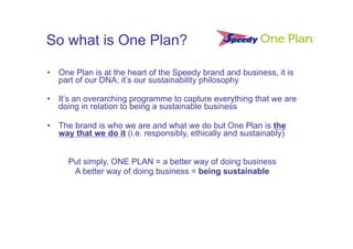 So what is One Plan?

•  One Plan is at the heart of the Speedy brand and business, it is
   part of our DNA; it’s our sustainability philosophy

•  It’s an overarching programme to capture everything that we are
   doing in relation to being a sustainable business

•  The brand is who we are and what we do but One Plan is the
   way that we do it (i.e. responsibly, ethically and sustainably)


     Put simply, ONE PLAN = a better way of doing business
      A better way of doing business = being sustainable
 