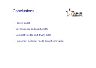 Conclusions…

•  Proven model

•  Environmental and cost benefits

•  Competitive edge and driving sales

•  Helps meet customer needs through innovation
	
  
 