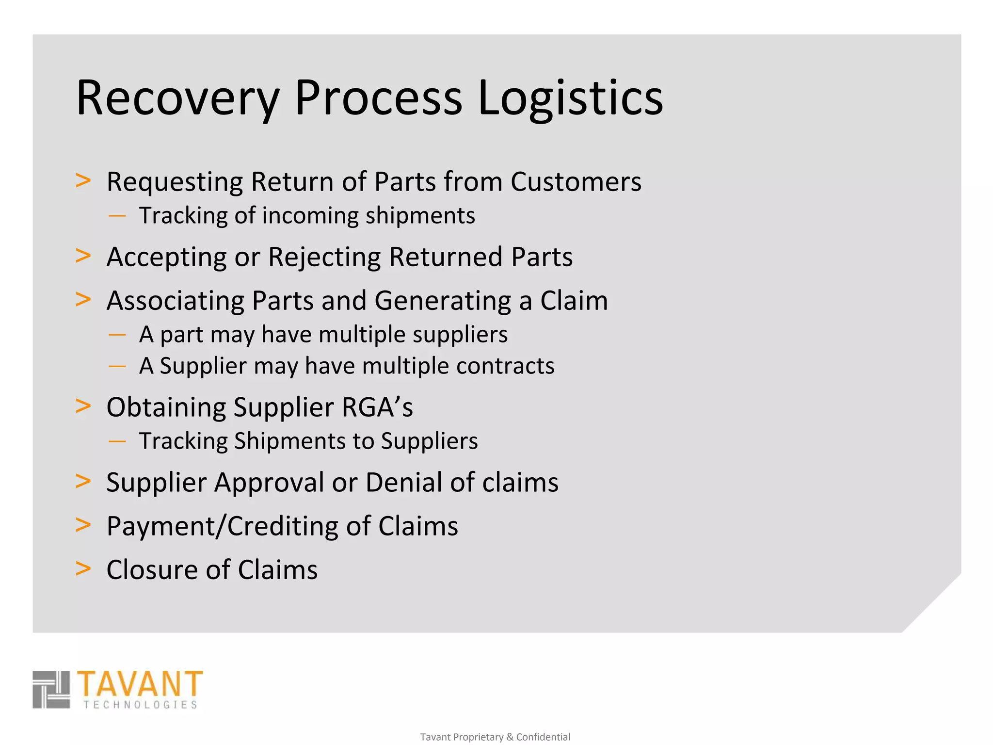 Recovery Process Logistics
> Requesting Return of Parts from Customers
  — Tracking of incoming shipments
> Accepting or Rejecting Returned Parts
> Associating Parts and Generating a Claim
  — A part may have multiple suppliers
  — A Supplier may have multiple contracts
> Obtaining Supplier RGA’s
  — Tracking Shipments to Suppliers
> Supplier Approval or Denial of claims
> Payment/Crediting of Claims
> Closure of Claims




                             Tavant Proprietary & Confidential
 