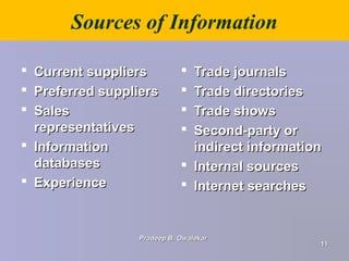Sources of Information
 Current suppliersCurrent suppliers
 Preferred suppliersPreferred suppliers
 SalesSales
representativesrepresentatives
 InformationInformation
databasesdatabases
 ExperienceExperience
 Trade journalsTrade journals
 Trade directoriesTrade directories
 Trade showsTrade shows
 Second-party orSecond-party or
indirect informationindirect information
 Internal sourcesInternal sources
 Internet searchesInternet searches
Pradeep B. OwalekarPradeep B. Owalekar
1111
 