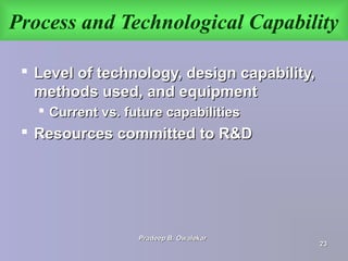Process and Technological Capability
 Level of technology, design capability,Level of technology, design capability,
methods used, and equipmentmethods used, and equipment
 Current vs. future capabilitiesCurrent vs. future capabilities
 Resources committed to R&DResources committed to R&D
Pradeep B. OwalekarPradeep B. Owalekar
2323
 