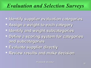 Evaluation and Selection Surveys
 Identify supplier evaluation categoriesIdentify supplier evaluation categories
 Assign a weight to each categoryAssign a weight to each category
 Identify and weight subcategoriesIdentify and weight subcategories
 Define a scoring system for categoriesDefine a scoring system for categories
and subcategoriesand subcategories
 Evaluate supplier directlyEvaluate supplier directly
 Review results and make decisionReview results and make decision
Pradeep B. OwalekarPradeep B. Owalekar
3232
 