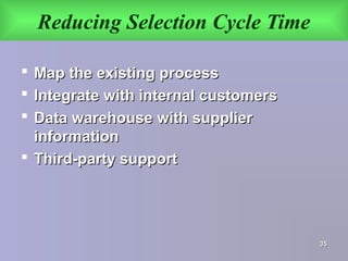 Reducing Selection Cycle Time
 Map the existing processMap the existing process
 Integrate with internal customersIntegrate with internal customers
 Data warehouse with supplierData warehouse with supplier
informationinformation
 Third-party supportThird-party support
3535
 