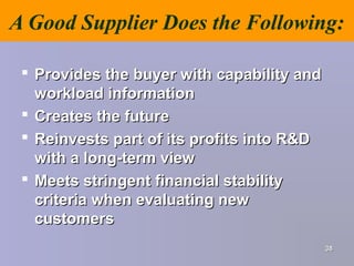 A Good Supplier Does the Following:
 Provides the buyer with capability andProvides the buyer with capability and
workload informationworkload information
 Creates the futureCreates the future
 Reinvests part of its profits into R&DReinvests part of its profits into R&D
with a long-term viewwith a long-term view
 Meets stringent financial stabilityMeets stringent financial stability
criteria when evaluating newcriteria when evaluating new
customerscustomers
3838
 