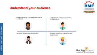 BuildersMerchantsFederation
Understand your audience
UNDERSTAND AND ENGAGE INTERNAL
STAKEHOLDERS
WHAT ARE YOUR COMPETITON DOING? CURRENT MARKETING STRENGTHS AND
WEAKNESSES
UNDERSTAND YOUR CUSTOMERS & POTENTIAL
CUSTOMERS
 
