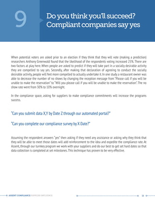 9 Do you think you’ll succeed? 
Compliant companies say yes 
When potential voters are asked prior to an election if they think that they will vote (making a prediction) 
researchers Anthony Greenwald found that the likelihood of the respondents voting increased 25%. There are 
two factors at play here. When people are asked to predict if they will take part in a socially desirable activity 
they are compelled to say yes. Secondly, after making that declaration of agreeing to conduct the socially 
desirable activity, people will feel more compelled to actually undertake it. In one study a restaurant owner was 
able to decrease the number of no shows by changing the reception message from “Please call if you will be 
unable to make the reservation” to “Will you please call if you will be unable to make the reservation”. The no 
show rate went from 30% to 10% overnight. 
In the compliance space, asking for suppliers to make compliance commitments will increase the programs 
success. 
“Can you submit data X,Y by Date Z through our automated portal?” 
“Can you complete our compliance survey by X Date?” 
Assuming the respondent answers “yes” then asking if they need any assistance or asking why they think that 
they will be able to meet those dates will add reinforcement to the idea and expedite the compliance rate. At 
Assent, through our turnkey program we work with your suppliers and do our best to get set hard dates so that 
data collection is completed at set milestones. This technique has proven to be very effective. 
ASSENT COMPLIANCE SUPPLIER INFLUENCE ----- --------------------------------------------- ------ 12 
 