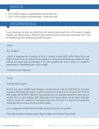 RESULTS 
» Firm 1: 99% of suppliers responded within 1month time frame 
» Firm 2: 74% of suppliers responded within 1 month time frame. 
INTERPRETATION 
It was surprising to see that very similar firms with various controls would see a 25% variance in supplier 
response rates. Why was there a difference? After examining controls Assent dug a little deeper. Firm 2 used 
the following copy when doing send outs from the system: 
-------------------------------------------------------- 
Firm2 
Dear Supplier, 
Firm2 is requesting that all suppliers of firm 2 compete or submit EICC Conflict Mineral forms and 
REACH declarations for the products that you supply to us. Using the wizard below please follow the steps 
outlined and upload your documentation. If you need assistance feel free to contact our compliance 
representative at email@firm2.com or call number 
Thank you for your cooperation. 
-------------------------------------------------------- 
-------------------------------------------------------- 
Firm1 
Greetings Valued Supplier, 
As we’re sure you’ve probably heard, companies are now required under the Dodd Frank Act to procure 
compliance information with regards to conflict minerals, and in order to sell our products into the EU we 
must comply with the REACH regulation. If you put yourself in our compliance departments shoes you can 
see that this is no small challenge. We’re asking that all our suppliers please use the Assent compliance 
wizard to upload their compliance information because that will allow us to maintain our upstanding 
relationship with your firm as one of our valued suppliers. 
Here is background on both REACH and Conflict Minerals links that firm provided 
If you need any help at all please contact Reps Fist Name and Last Name, Phone, Email 
-------------------------------------------------------- 
ASSENT COMPLIANCE SUPPLIER INFLUENCE ----- --------------------------------------------- ------ 17 
 