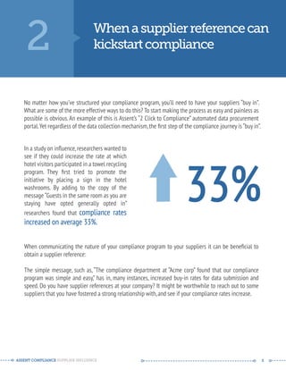 2 When a supplier reference can 
kickstart compliance 
No matter how you’ve structured your compliance program, you’ll need to have your suppliers “buy in”. 
What are some of the more effective ways to do this? To start making the process as easy and painless as 
possible is obvious. An example of this is Assent’s “2 Click to Compliance” automated data procurement 
portal. Yet regardless of the data collection mechanism, the first step of the compliance journey is “buy in”. 
In a study on influence, researchers wanted to 
see if they could increase the rate at which 
hotel visitors participated in a towel recycling 
program. They first tried to promote the 
initiative by placing a sign in the hotel 
washrooms. By adding to the copy of the 
message “Guests in the same room as you are 
staying have opted generally opted in” 
researchers found that compliance rates 
increased on average 33%. 
33% 
When communicating the nature of your compliance program to your suppliers it can be beneficial to 
obtain a supplier reference: 
The simple message, such as, “The compliance department at “Acme corp” found that our compliance 
program was simple and easy,” has in, many instances, increased buy-in rates for data submission and 
speed. Do you have supplier references at your company? It might be worthwhile to reach out to some 
suppliers that you have fostered a strong relationship with, and see if your compliance rates increase. 
ASSENT COMPLIANCE SUPPLIER INFLUENCE ----- --------------------------------------------- ------ 5 
 