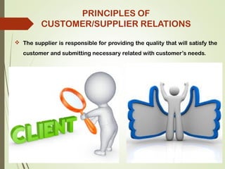  The supplier is responsible for providing the quality that will satisfy the
customer and submitting necessary related with customer’s needs.
PRINCIPLES OF
CUSTOMER/SUPPLIER RELATIONS
 