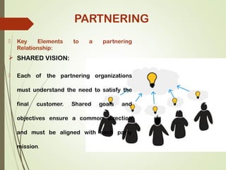  Key Elements to a partnering
Relationship:
 SHARED VISION:
 Each of the partnering organizations
must understand the need to satisfy the
final customer. Shared goals and
objectives ensure a common direction
and must be aligned with each party
mission.
PARTNERING
 
