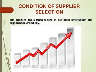  The supplier has a track record of customer satisfaction and
organization credibility.
CONDITION OF SUPPLIER
SELECTION
 