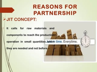 JIT CONCEPT:
 It calls for raw materials and
components to reach the production
operation in small quantities when
they are needed and not before.
REASONS FOR
PARTNERSHIP
 