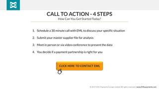 CALL TO ACTION - 4 STEPS
How Can You Get Started Today?
1. Schedule a 30 minute call with EML to discuss your specific situation
2. Submit your master supplier file for analysis
3. Meet in person or via video conference to present the data
4. You decide if a payment partnership is right for you
CLICK HERE TO CONTACT EML
© 2017 EML Payments Europe Limited. All rights reserved. | www.EMLpayments.com
 