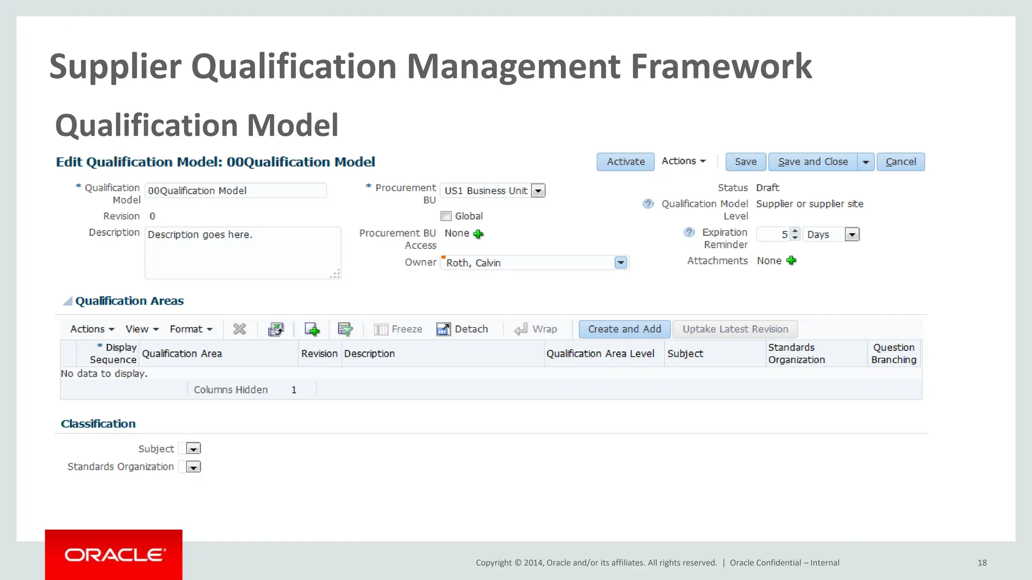 Copyright © 2014, Oracle and/or its affiliates. All rights reserved. |
Supplier Qualification Management Framework
Oracle Confidential – Internal 18
Qualification Model
 