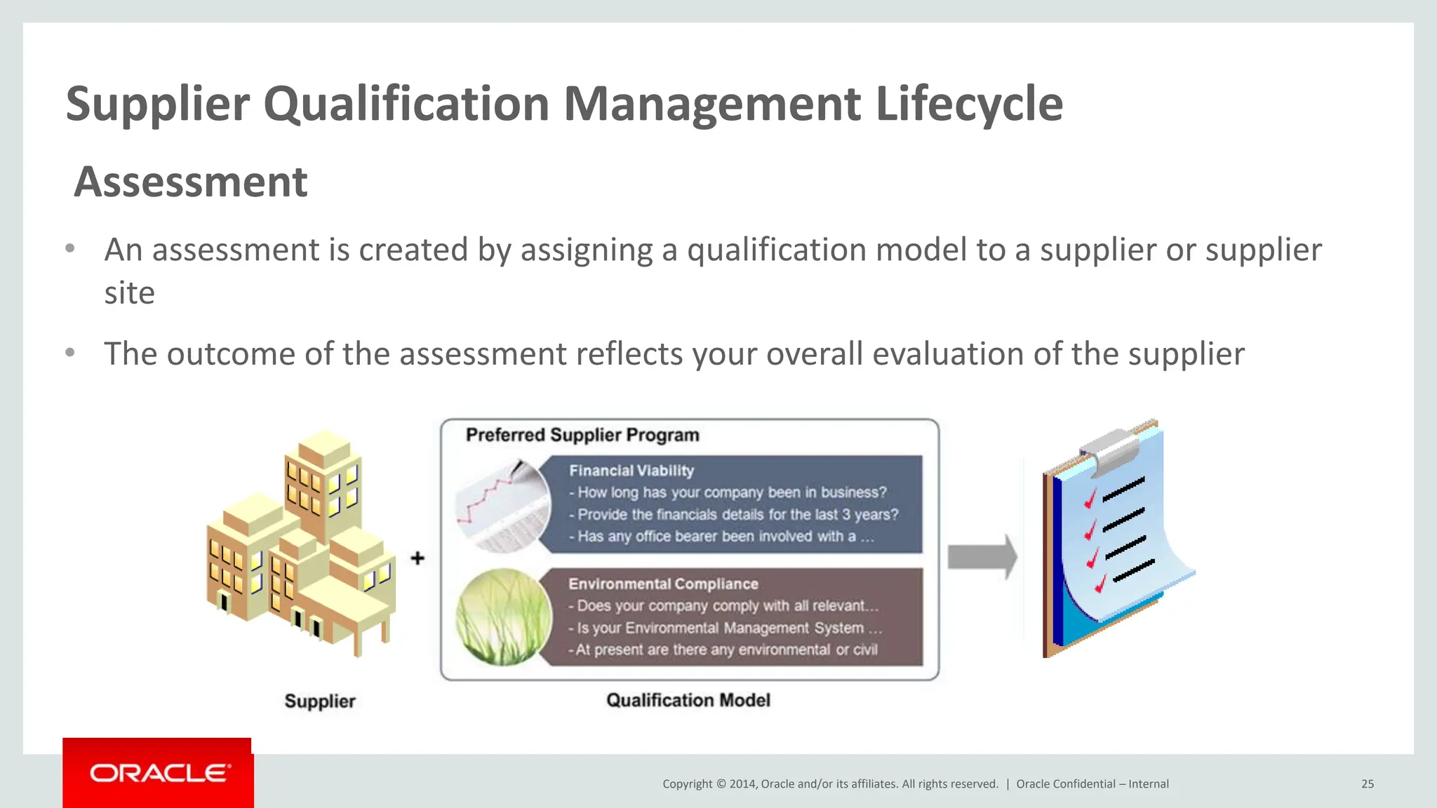Copyright © 2014, Oracle and/or its affiliates. All rights reserved. |
Supplier Qualification Management Lifecycle
Oracle Confidential – Internal 25
Assessment
• An assessment is created by assigning a qualification model to a supplier or supplier
site
• The outcome of the assessment reflects your overall evaluation of the supplier
 