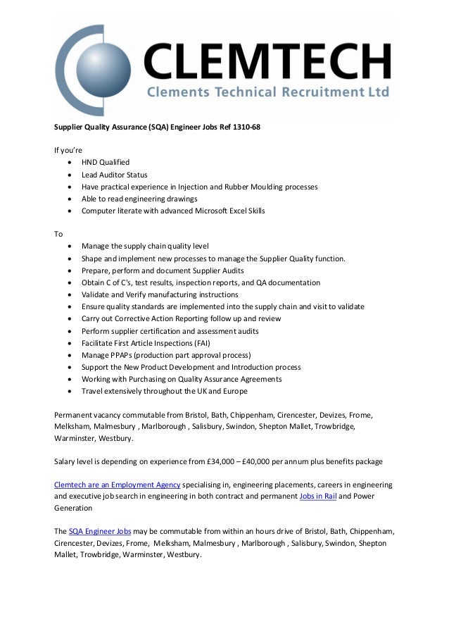 Supplier Quality Assurance (SQA) Engineer Jobs Ref 131068