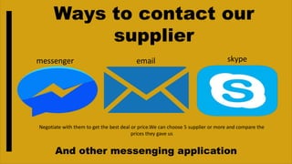 grg
Ways to contact our
supplier
messenger email skype
And other messenging application
Negotiate with them to get the best deal or price.We can choose 5 supplier or more and compare the
prices they gave us
 
