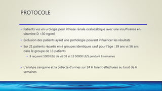PROTOCOLE
• Patients vus en urologie pour lithiase rénale oxalocalcique avec une insuffisance en
vitamine D <30 ng/ml
• Exclusion des patients ayant une pathologie pouvant influencer les résultats
• Sur 21 patients répartis en é groupes identiques sauf pour l’âge : 39 ans vs 56 ans
dans le groupe de 13 patients
• 8 reçurent 1000 UI/J de vit D3 et 13 50000 UI/S pendant 6 semaines
• L’analyse sanguine et la collecte d’urines sur 24 H furent effectuées au bout de 6
semaines
 