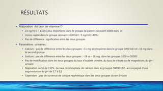 RÉSULTATS
• Majoration du taux de vitamine D
• 23 ng/ml ( + 135%) plus importante dans le groupe de patents recevant 50000 UI/S et
• moins rapide dans le groupe recevant 1000 UI/J : 9 ng/ml (+49%)
• Pas de différence significative entre les deux groupes
• Paramètres urinaires :
• Calcium : pas de différence entre les deux groupes: -11 mg en moyenne dans le groupe 1000 UI/J et -16 mg dans
le second groupe
• Sodium : pas de différence entre les deux groupes : -18 vs – 26 mg dans les groupes 1000 vs 50000
• Pas de modification dans les deux groupes du taux d’oxalate urinaire, du taux de citrate ou de magnésium, du pH
urinaire
• Majoration nette de 132% du taux de phosphate de calcium dans le grouppe 50000 UI/S accompagné d’une
augmentation du pH de 5,7 à 6;1
• Cependant , pas de survenue de colique néphrétique dans les deux groupes durant l’étude
 