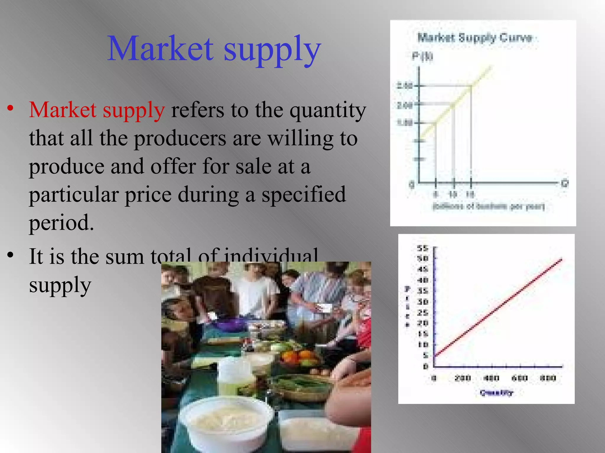 Market supply
• Market supply refers to the quantity
  that all the producers are willing to
  produce and offer for sale at a
  particular price during a specified
  period.
• It is the sum total of individual
  supply
 
