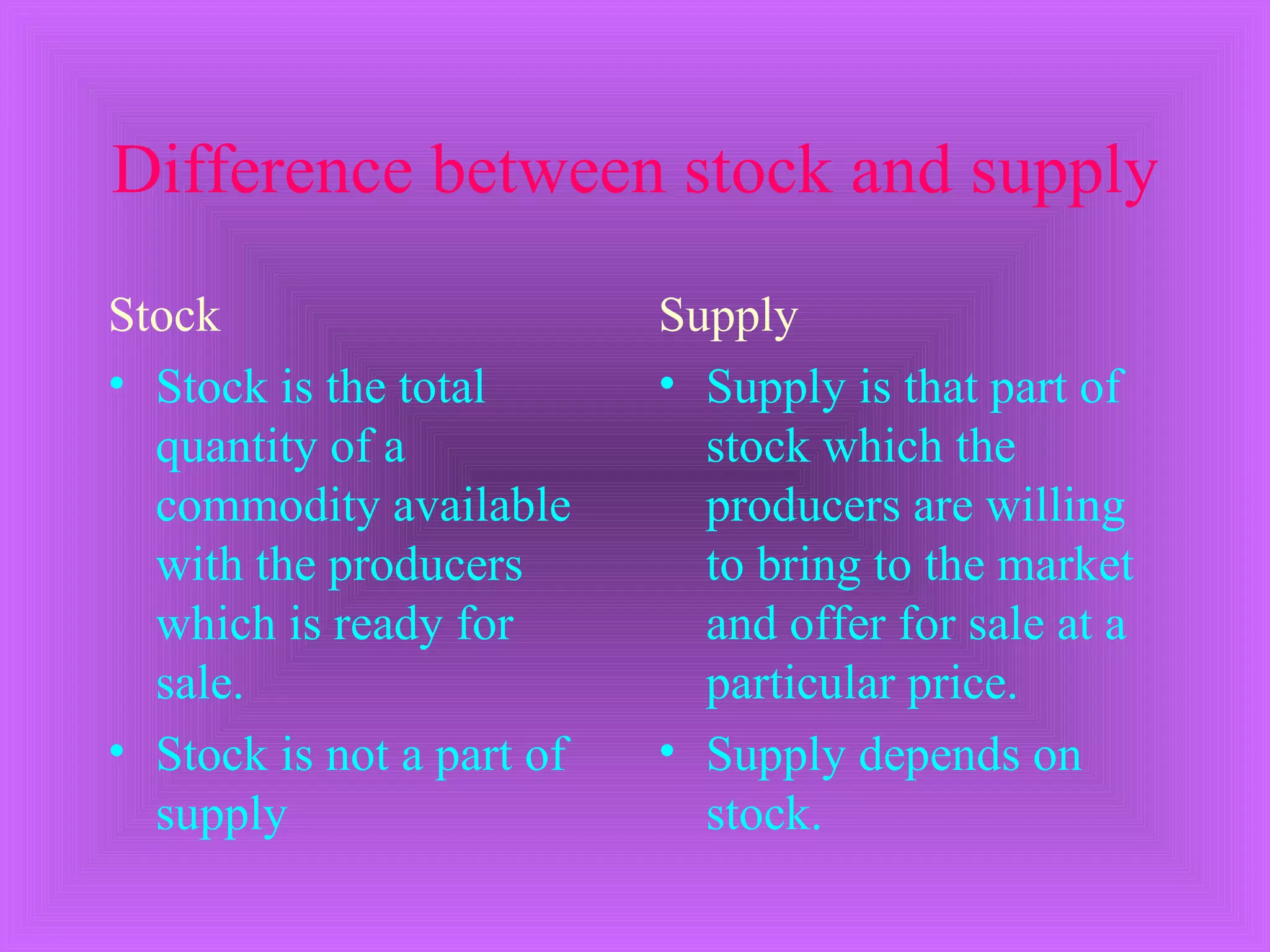 Difference between stock and supply
Stock                      Supply
• Stock is the total       • Supply is that part of
  quantity of a              stock which the
  commodity available        producers are willing
  with the producers         to bring to the market
  which is ready for         and offer for sale at a
  sale.                      particular price.
• Stock is not a part of   • Supply depends on
  supply                     stock.
 