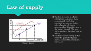 Law of supply
The law of supply is a basic
principle in economics that,
assuming all else being
constant, an increase in the
price of goods will have a
corresponding direct increase in
the supply thereof. The law
works similarly for a decrease in
prices.
The basic law in supply is that
when the quantity of goods
increased then the price is also
increased.
Supply Curve