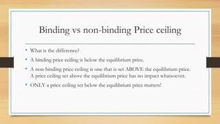 Binding vs non-binding Price ceiling
• What is the difference?
• A binding price ceiling is below the equilibrium price.
• A non-binding price ceiling is one that is set ABOVE the equilibrium price.
A price ceiling set above the equilibrium price has no impact whatsoever.
• ONLY a price ceiling set below the equilibrium price matters!
 