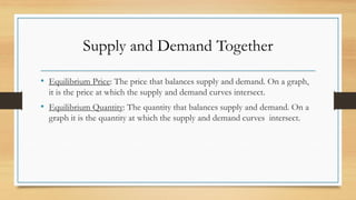 Supply and Demand Together
• Equilibrium Price: The price that balances supply and demand. On a graph,
it is the price at which the supply and demand curves intersect.
• Equilibrium Quantity: The quantity that balances supply and demand. On a
graph it is the quantity at which the supply and demand curves intersect.
 