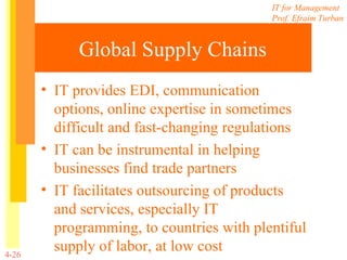 Global Supply Chains IT provides EDI, communication options, online expertise in sometimes difficult and fast-changing regulations IT can be instrumental in helping businesses find trade partners IT facilitates outsourcing of products and services, especially IT programming, to countries with plentiful supply of labor, at low cost 