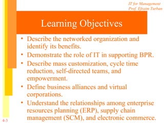 Learning Objectives Describe the networked organization and identify its benefits. Demonstrate the role of IT in supporting BPR. Describe mass customization, cycle time reduction, self-directed teams, and empowerment. Define business alliances and virtual corporations. Understand the relationships among enterprise resources planning (ERP), supply chain management (SCM), and electronic commerce. 