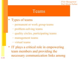 Teams Types of teams permanent or work group teams problem-solving teams quality circles, participating teams management teams virtual teams IT plays a critical role in empowering team members and providing the necessary communication links among teams 